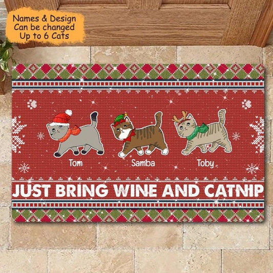 Cat Mom Just Bring Wine And Catnip Personalized Christmas Doormat