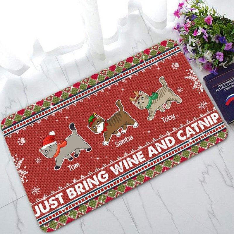 Cat Mom Just Bring Wine And Catnip Personalized Christmas Doormat