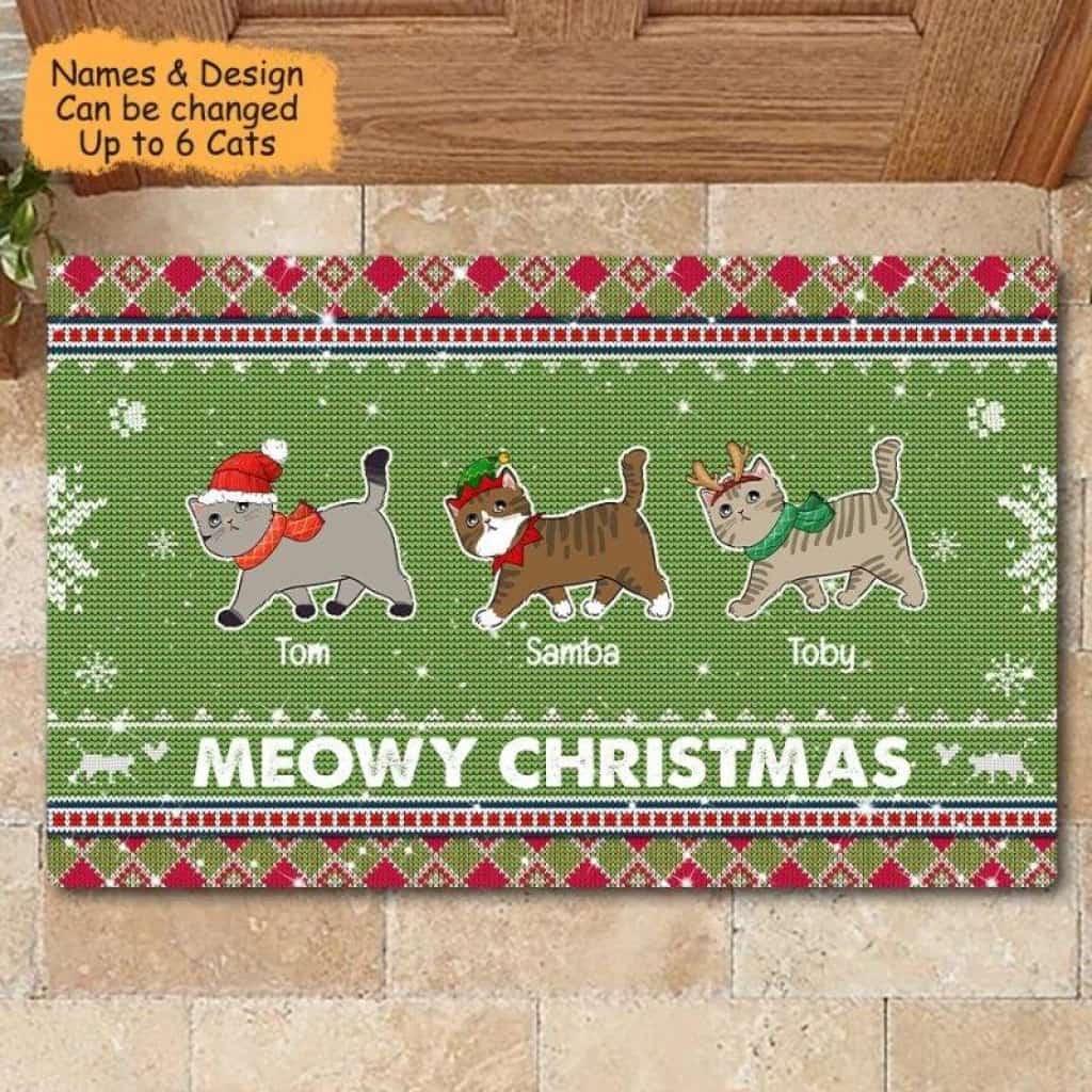 Cat Mom Sweater Pattern Personalized Christmas Doormat