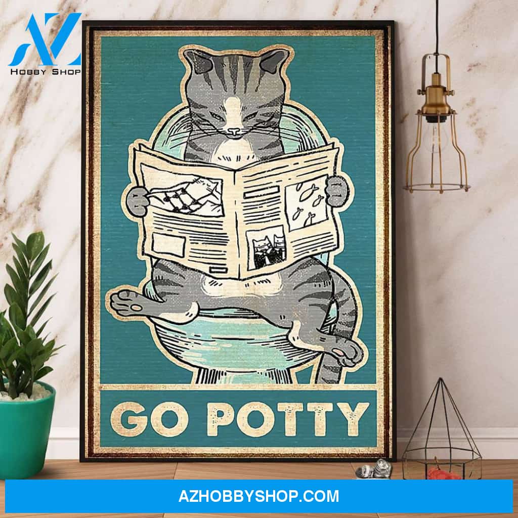 Cat On Toilet Go Potty Canvas And Poster, Wall Decor Visual Art