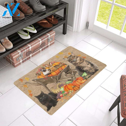 Cat Pumpkin Wheelbarrow Easy Clean Welcome DoorMat | Felt And Rubber | 40x60 cm | 45x75 cm | 60x90 cm | Colorful | DO1309