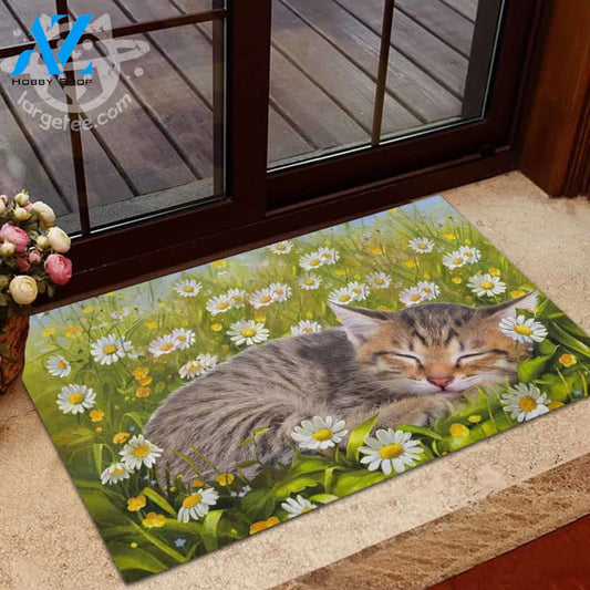 Cat Sleeping On Flower Garden Doormat