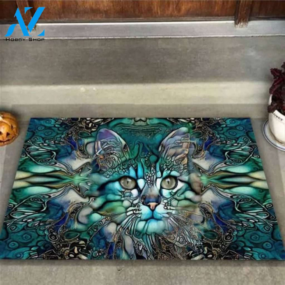 Cat Unique Aesthetic Blue Doormat | Welcome Mat | House Warming Gift