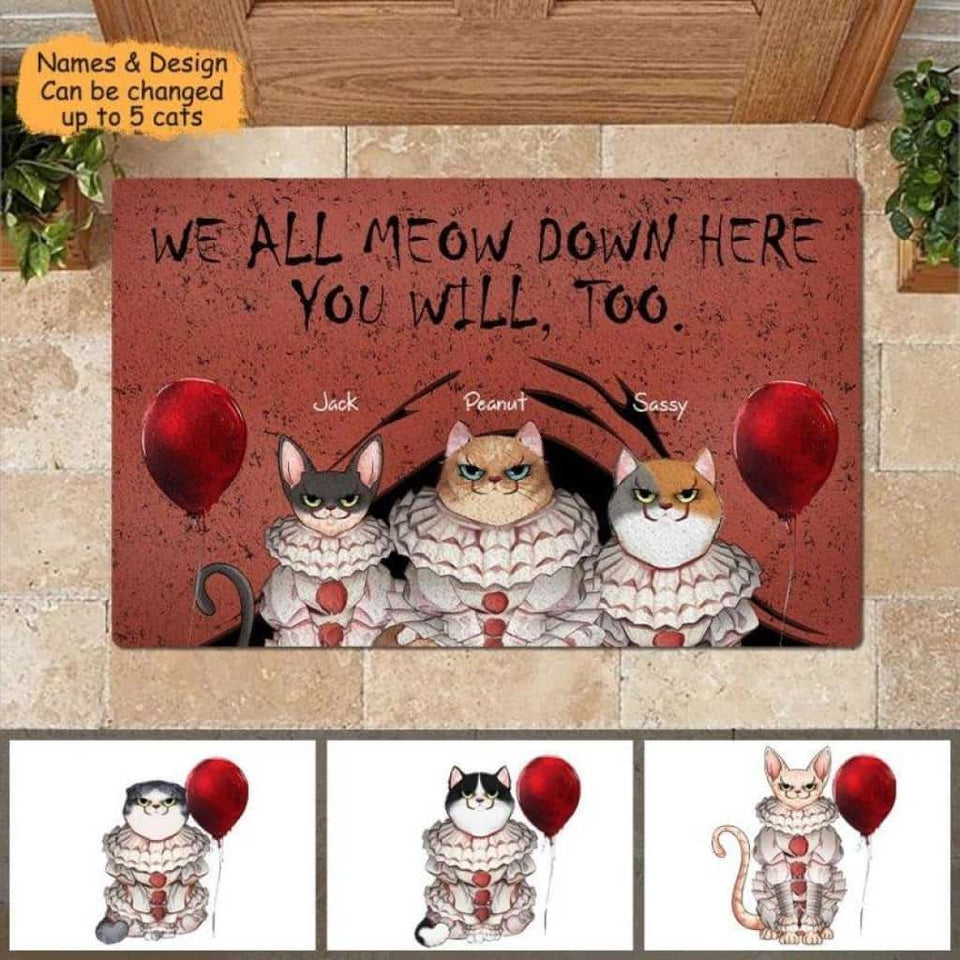 Cat We All Meow Down Here Personalized Halloween Doormat