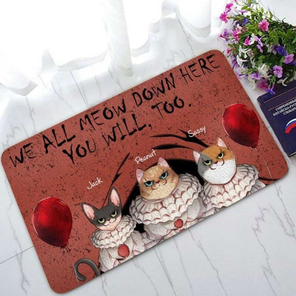 Cat We All Meow Down Here Personalized Halloween Doormat