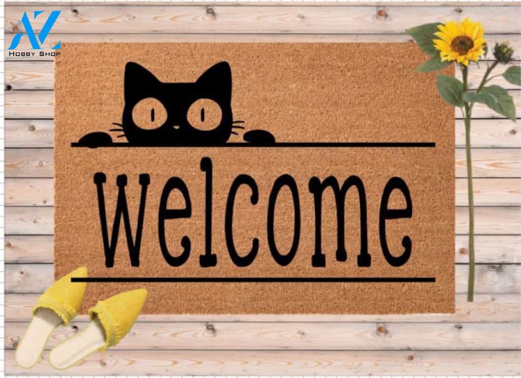 Cat Welcome Door Mat, Cat Lover Door Mat, Outdoor Door Mat for Cat Lovers, Cat Welcome Mat, Custom Made Front Door Decor, Coir Doormat