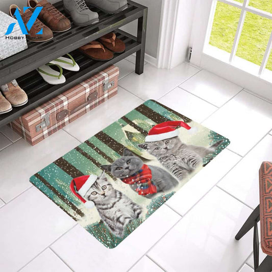 Cat Winter In Forest Easy Clean Welcome DoorMat | Felt And Rubber | 40x60 cm | 45x75 cm | 60x90 cm | Colorful | DO1305