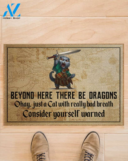 Cat with sword beyond here there be dragons doormat