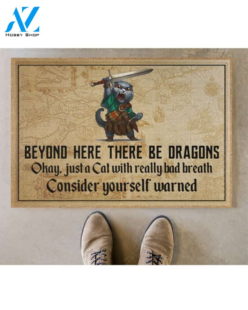 Cat with sword beyond here there be dragons doormat