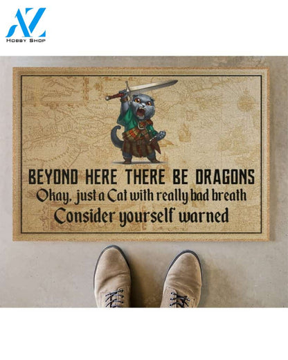Cat with sword beyond here there be dragons doormat