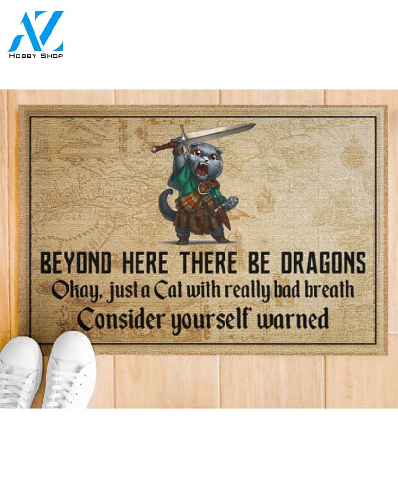 Cat with sword beyond here there be dragons doormat