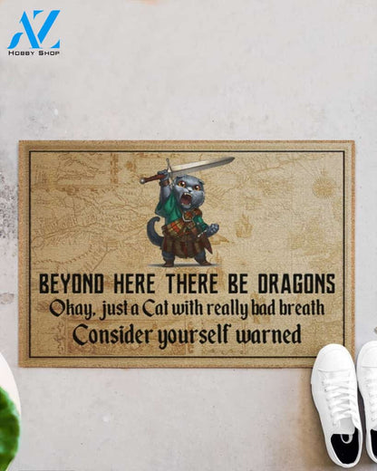 Cat with sword beyond here there be dragons doormat