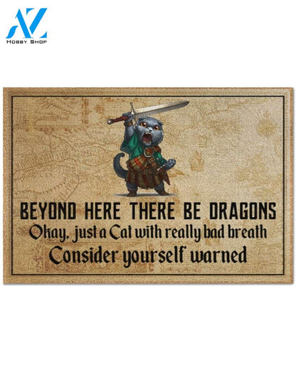 Cat with sword beyond here there be dragons doormat