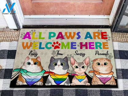 Cats All Paws Are Welcome Here LGBT Personalized Doormat | Welcome Mat | House Warming Gift