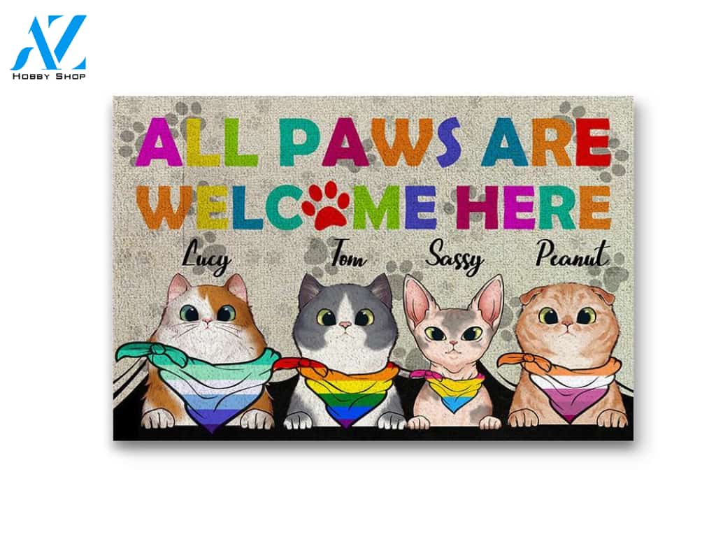 Cats All Paws Are Welcome Here LGBT Personalized Doormat | Welcome Mat | House Warming Gift