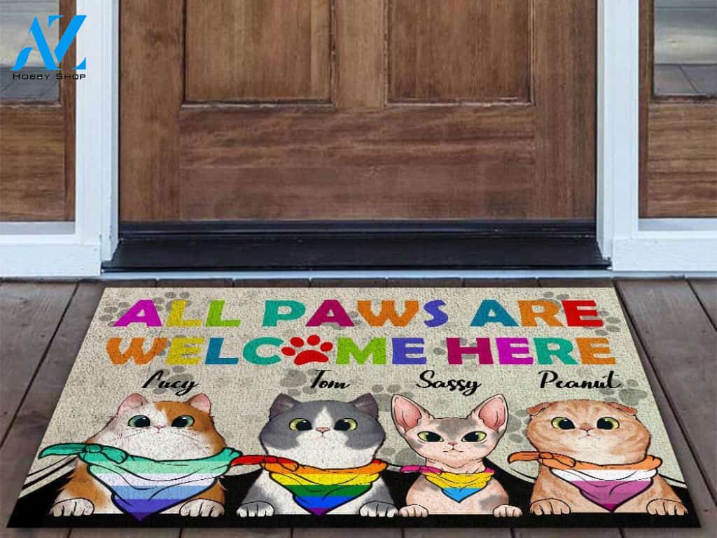 Cats All Paws Are Welcome Here LGBT Personalized Doormat | Welcome Mat | House Warming Gift