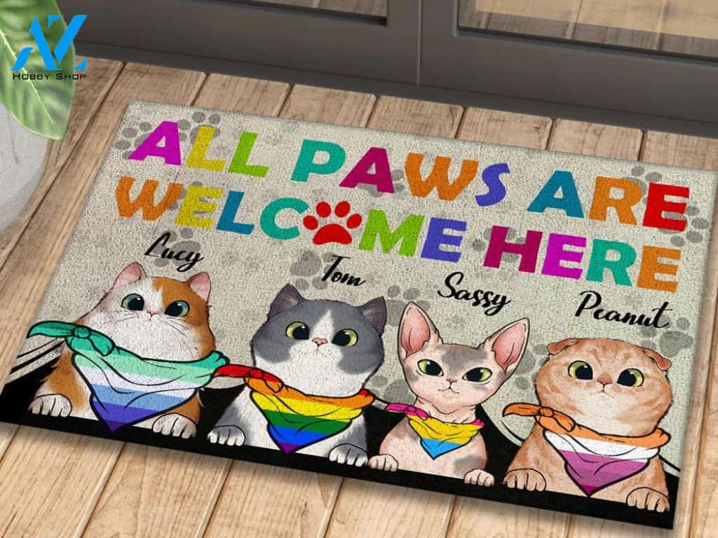 Cats All Paws Are Welcome Here LGBT Personalized Doormat | Welcome Mat | House Warming Gift