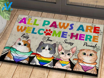 Cats All Paws Are Welcome Here LGBT Personalized Doormat | Welcome Mat | House Warming Gift