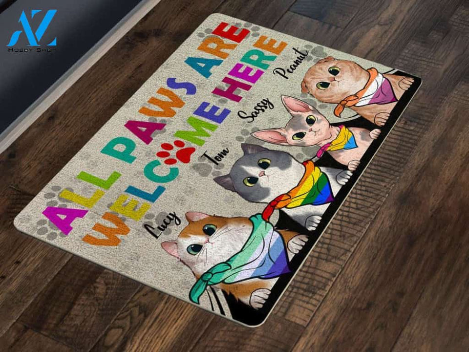 Cats All Paws Are Welcome Here LGBT Personalized Doormat | Welcome Mat | House Warming Gift