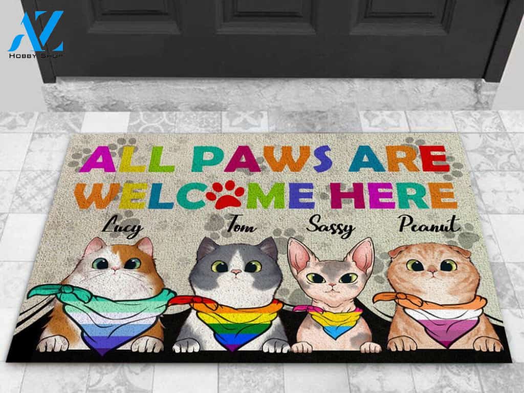 Cats All Paws Are Welcome Here LGBT Personalized Doormat | Welcome Mat | House Warming Gift