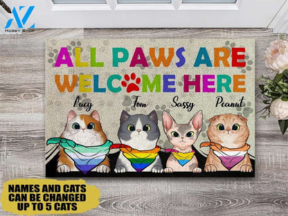 Cats All Paws Are Welcome Here LGBT Personalized Doormat | Welcome Mat | House Warming Gift