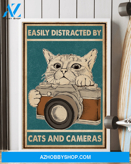 Cats And Cameras Poster Easily Distracted Vintage Poster Canvas Wall Decor Visual Art for Photographer & Cat Lover