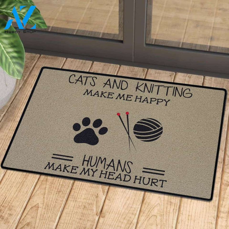 Cats and Knitting make me happy | Welcome Mat | House Warming Gift