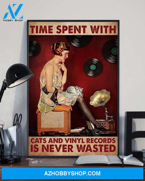 Cats And Vinyl, Time Spent With Cats And Vinyl Records Is Never Wasted Poster Canvas Wall Decor Visual Art