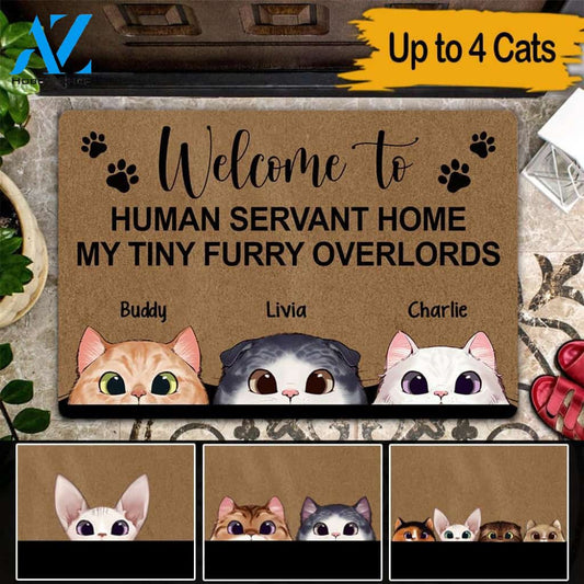 Cats Custom Doormat Welcome To Human Servant Home My Tiny Furry Overlord Personalized Gift | WELCOME MAT | HOUSE WARMING GIFT