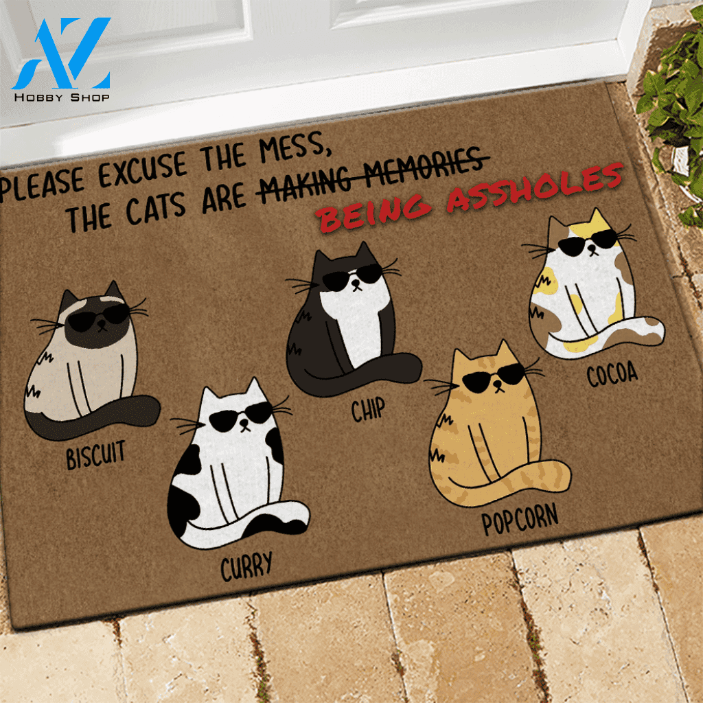 Cats Doormat Customized Please Excuse The Mess The Cats Are Being Assholes Personalized gifts | WELCOME MAT | HOUSE WARMING GIFT