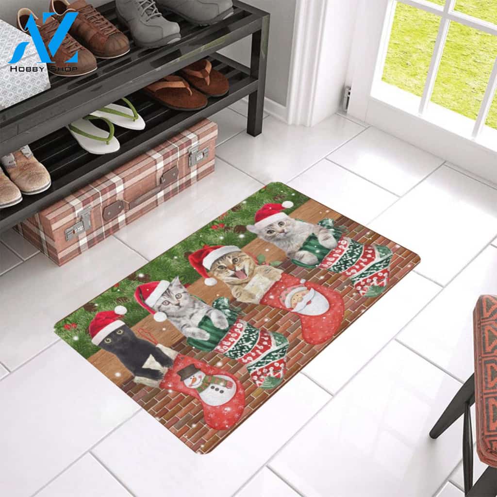 Cats in Christmas Socks Indoor And Outdoor Doormat Gift For Cats lovers Gift For Friend & Family Home Decor Warm House Gift Welcome Mat