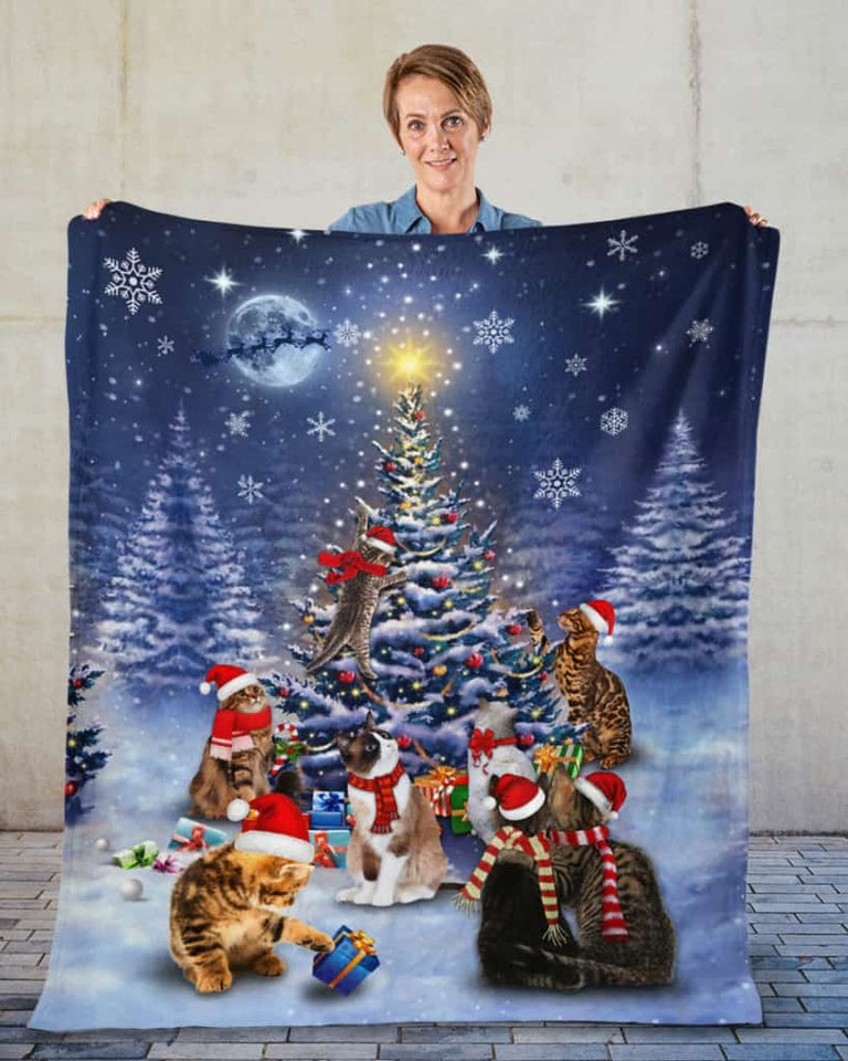 Cats sitting around the Christmas tree Blanket Gift For Cat Lovers Birthday Gift Home Decor Bedding Couch Sofa Soft and Comfy Cozy