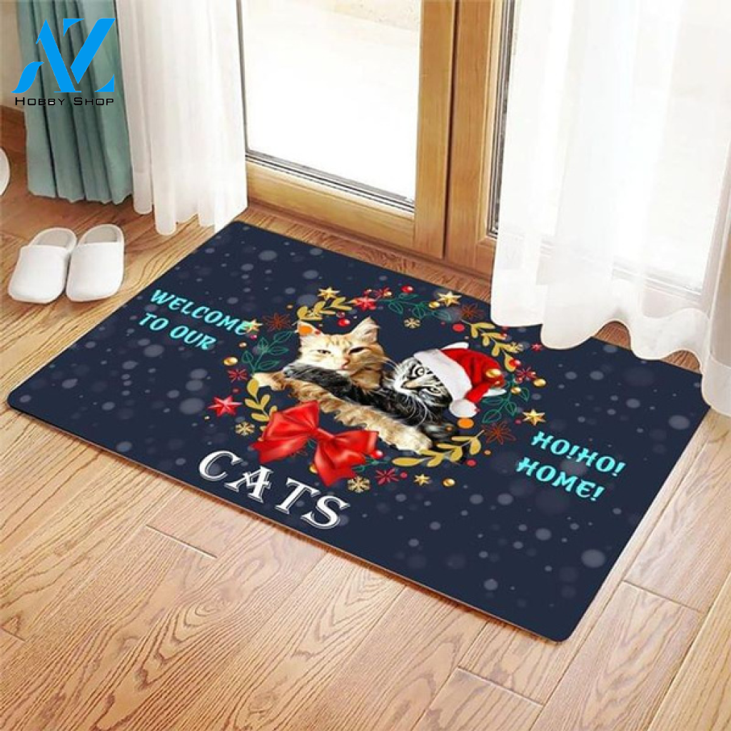 Cats Welcome To Our Ho Ho Home Merry Christmas Cat Wreath Santa Doormat Welcome Mat Housewarming Home Decor Gift For Cat Lovers Funny Doormat Gift Idea