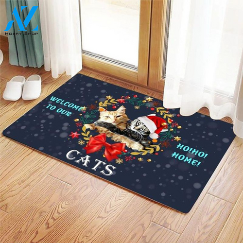 Cats Welcome To Our Ho Ho Home Merry Christmas Cat Wreath Santa Doormat Welcome Mat Housewarming Home Decor Gift For Cat Lovers Funny Doormat Gift Idea