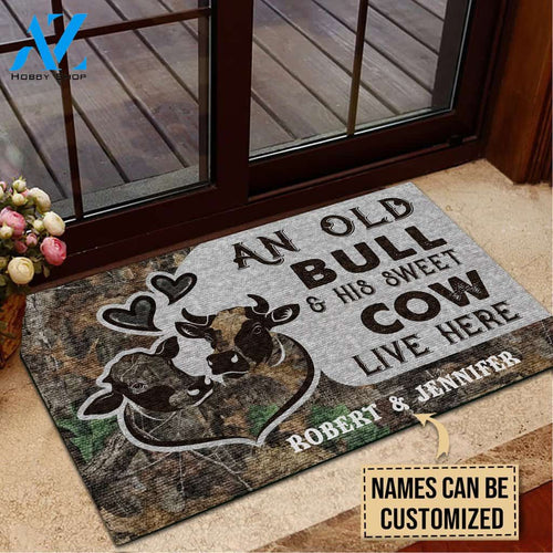 Cattle Couple Bull And Cow Live Here Custom Doormat | Welcome Mat | House Warming Gift