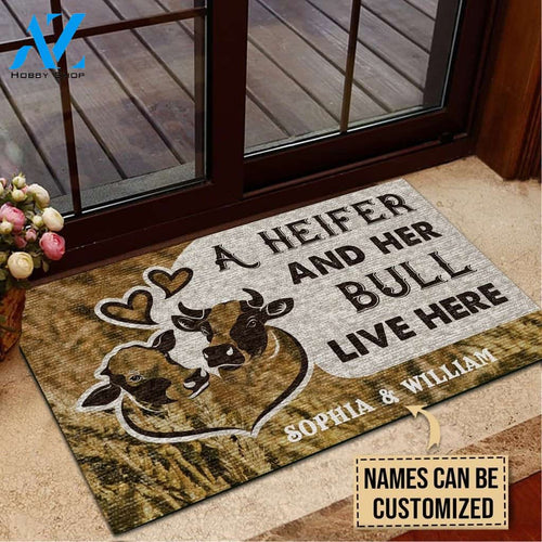 Cattle Couple Heifer And Bull Live Here Custom Doormat