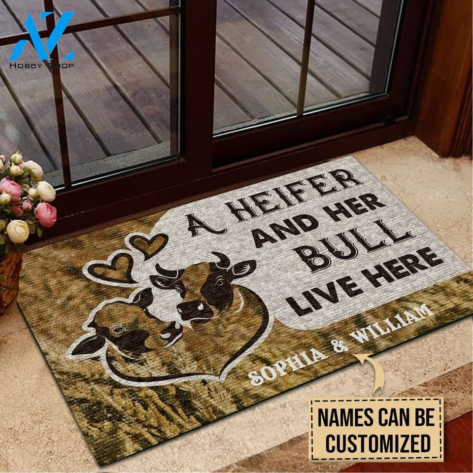 Cattle Couple Heifer And Bull Live Here Custom Doormat