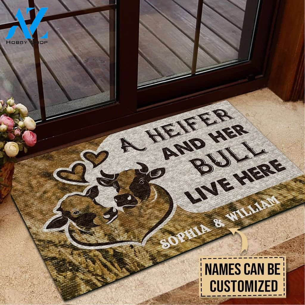 Cattle Couple Heifer And Bull Live Here Custom Doormat