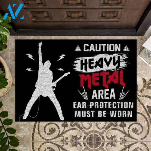 Caution heavy metal area ear protection must be worn Doormat | Welcome Mat | House Warming Gift