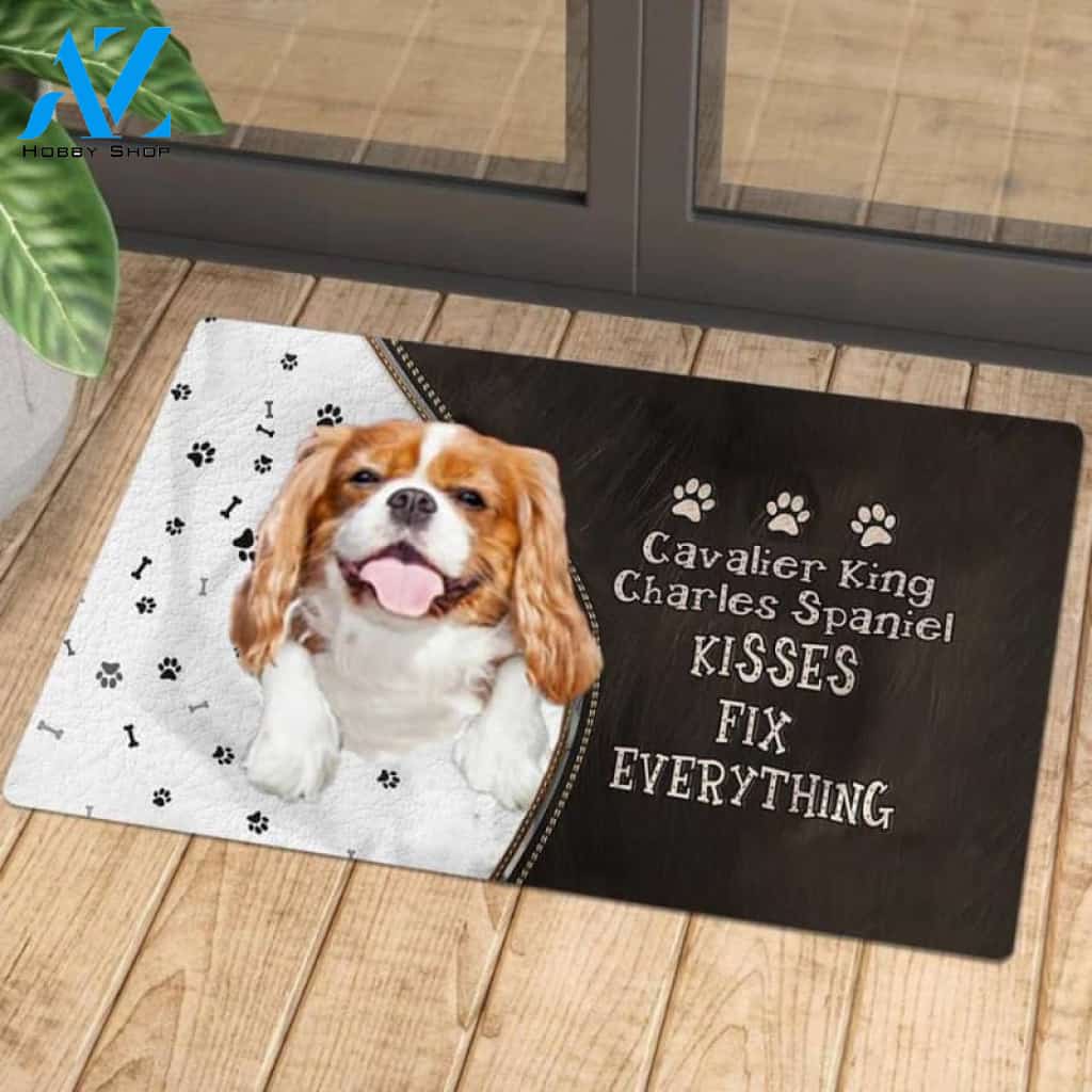 Cavalier King Charles Spaniel Doormat, Kisses Fix Everything Doormat, Dog Welcome Mat, Funny Welcome Mats for Dogs Lovers