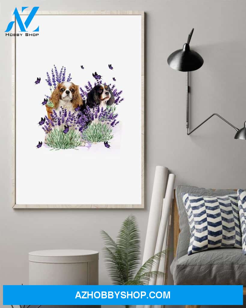Cavalier King Spaniel with lavender flower poster