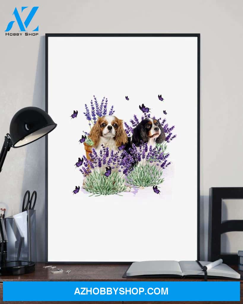 Cavalier King Spaniel with lavender flower poster