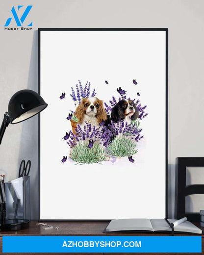 Cavalier King Spaniel with lavender flower poster