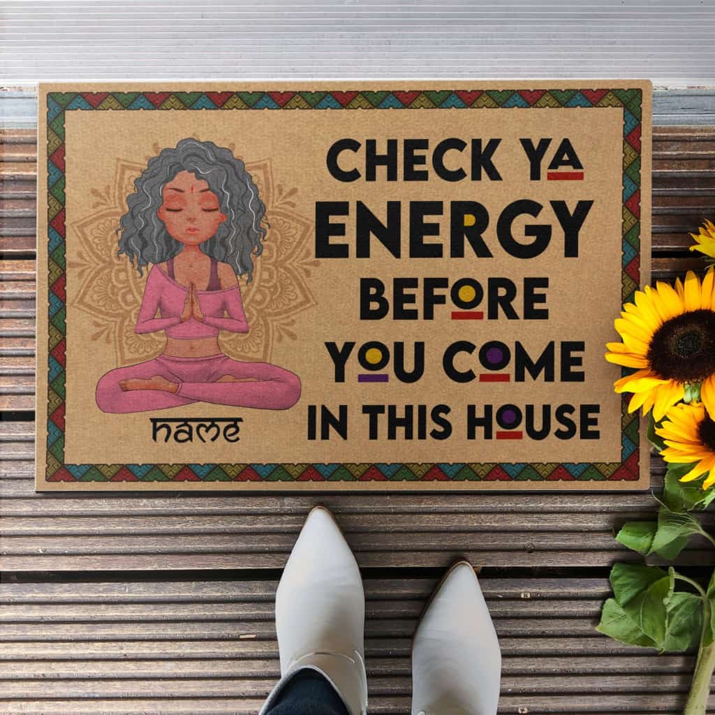 Check Ya Energy - Personalized Doormat - Birthday Gift For Yoga Lover - Yoga Girl Illustration