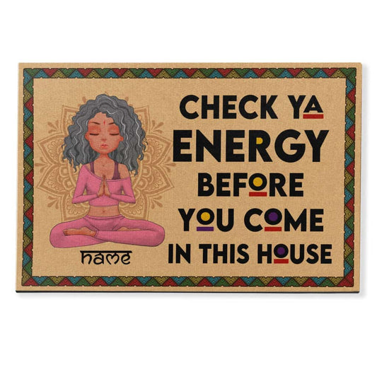 Check Ya Energy - Personalized Doormat - Birthday Gift For Yoga Lover - Yoga Girl Illustration