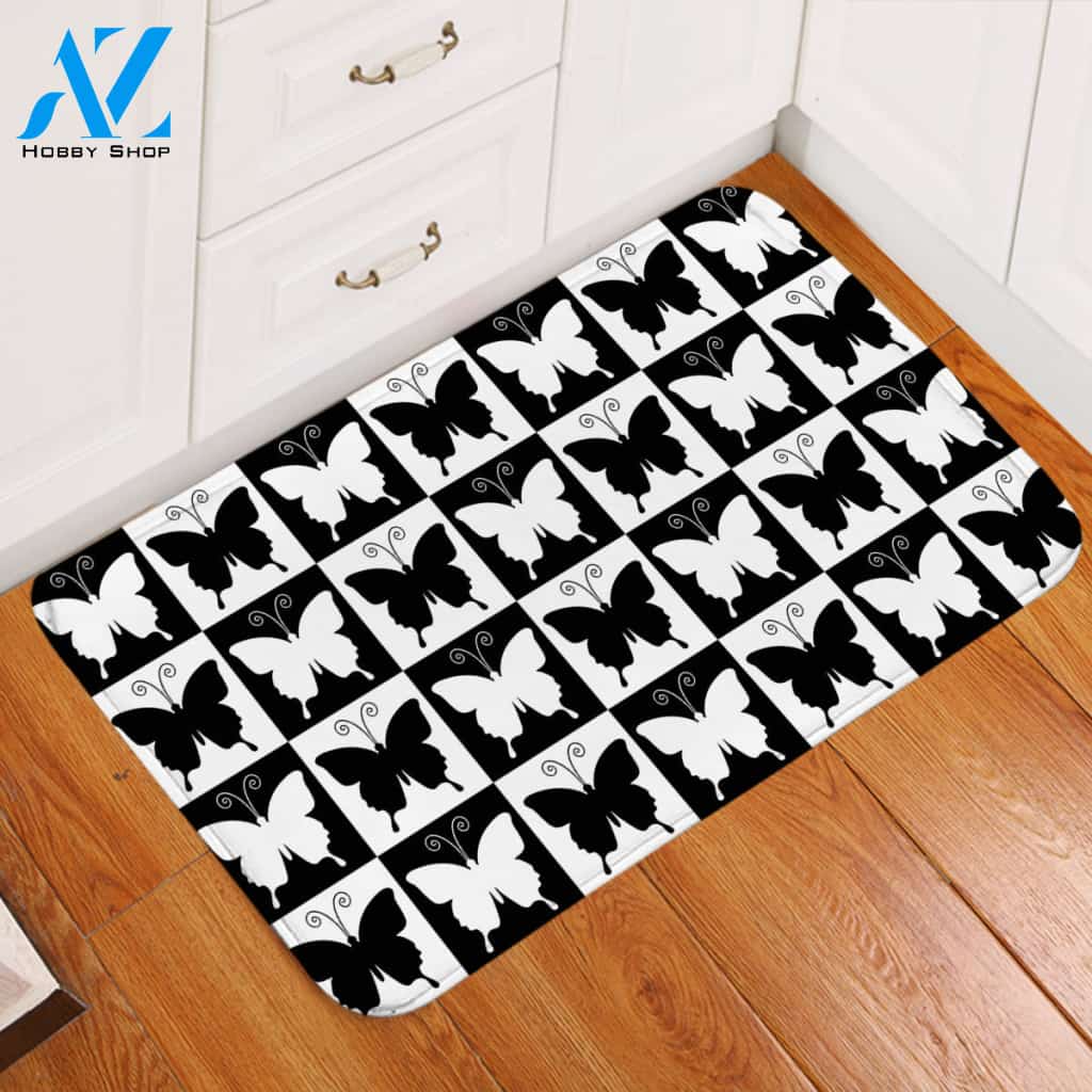 Checkerboard Butterflies Door Mat
