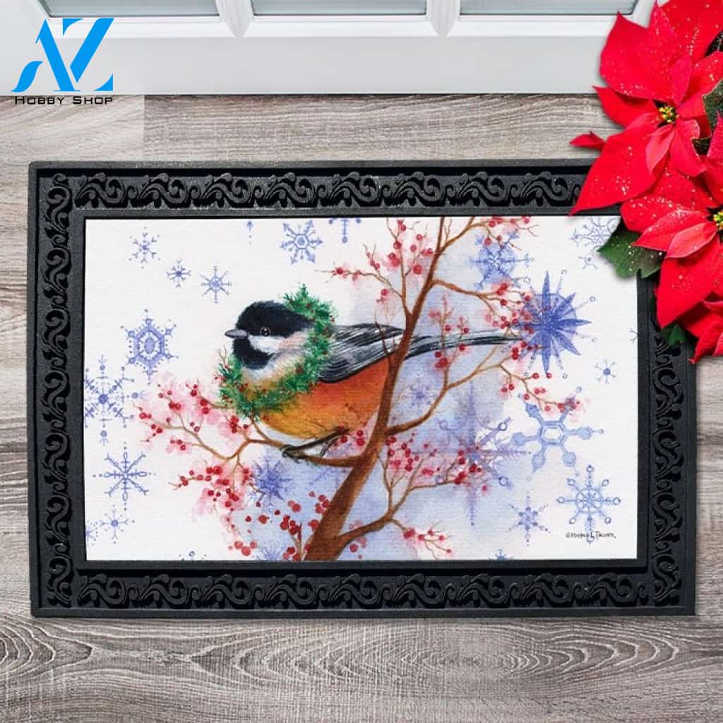 Chickadee Christmas Branch Doormat - 18" x 30"