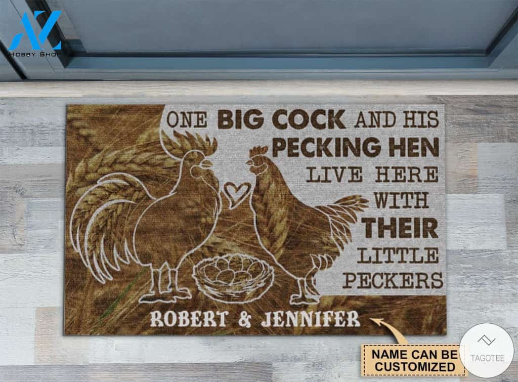 Personalized Chicken Couple One big cock and his pecking hen live here with their little peckers doormat