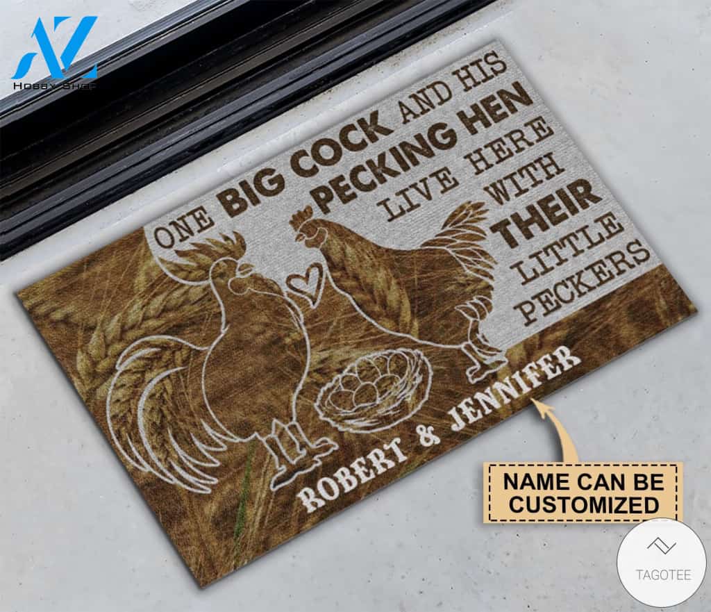Personalized Chicken Couple One big cock and his pecking hen live here with their little peckers doormat