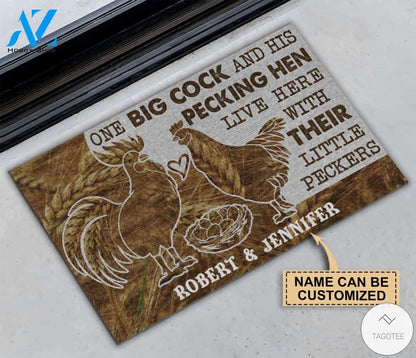 Personalized Chicken Couple One big cock and his pecking hen live here with their little peckers doormat